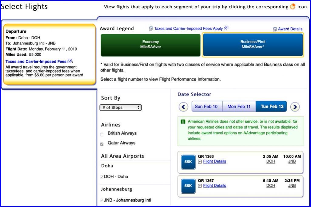 A screen shot showing the AA award availability on Qatar Airways from DOH to JNB.