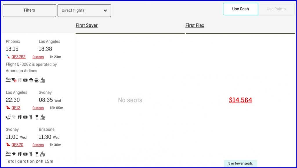 Screen Shot from Qantas.com showing the cost of a first class ticket from PHX to BNE.